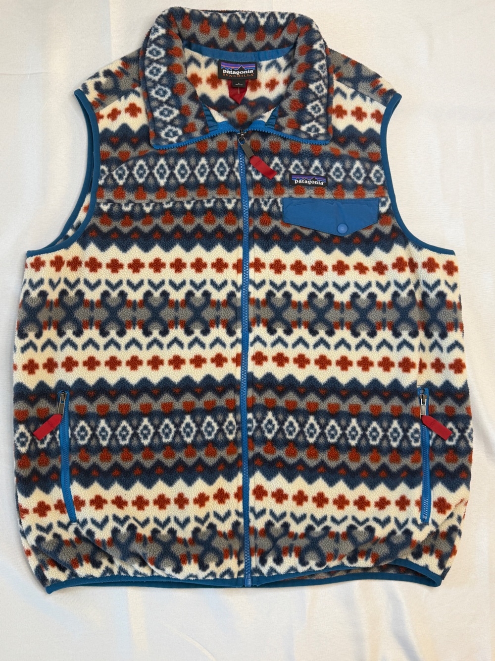 Patagonia Mens Large Fleece Vest in Cream, Blue & Orange Fair Isle